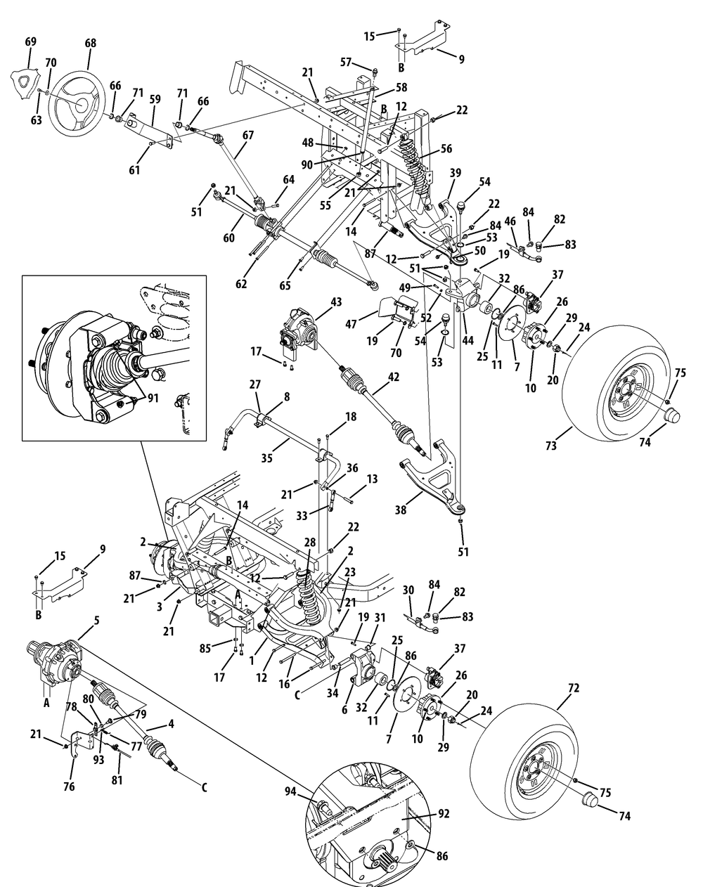Axles And Steering Diagram and Parts List for 46D 4X4-37ACD710 Cub Cadet Lawn Tractor Accessories